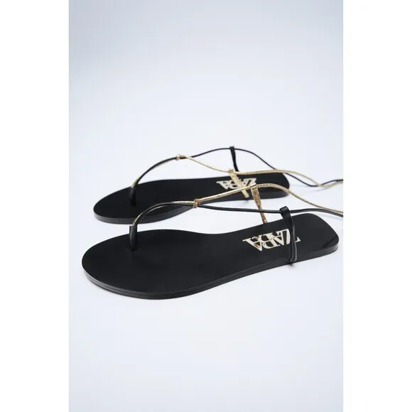 Black Gold Metallic Zara Strappy Gladiator Round Open-Toe Flat Sandals (NWT)