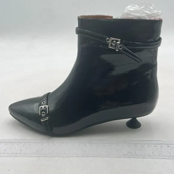 Black Pointed Toe Ankle Boots Kitten Heel Buckle Strap Zipper Booties Dress Shoe