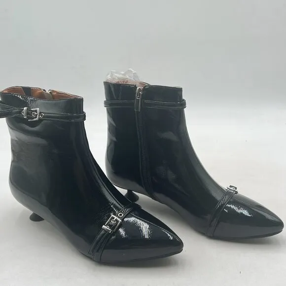 Black Pointed Toe Ankle Boots Kitten Heel Buckle Strap Zipper Booties Dress Shoe