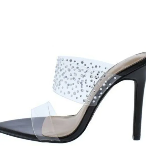 Black Sparkle Lucite Pointed Open Toe Stiletto