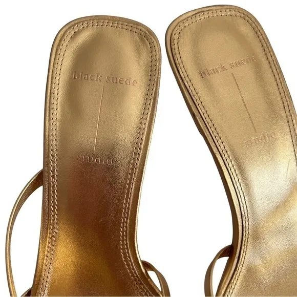 Black Suede Studio Gold Strappy Kitten Heels Size 8 Box Toe Sandals - LIKE NEW