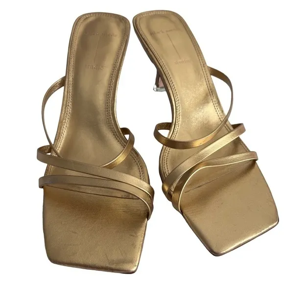 Black Suede Studio Gold Strappy Kitten Heels Size 8 Box Toe Sandals - LIKE NEW