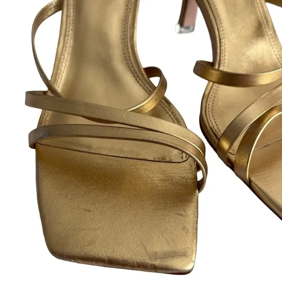 Black Suede Studio Gold Strappy Kitten Heels Size 8 Box Toe Sandals - LIKE NEW