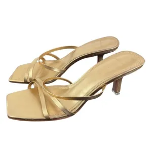 Black Suede Studio Gold Strappy Kitten Heels Size 8 Box Toe Sandals - LIKE NEW