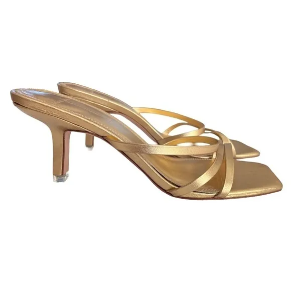Black Suede Studio Gold Strappy Kitten Heels Size 8 Box Toe Sandals - LIKE NEW