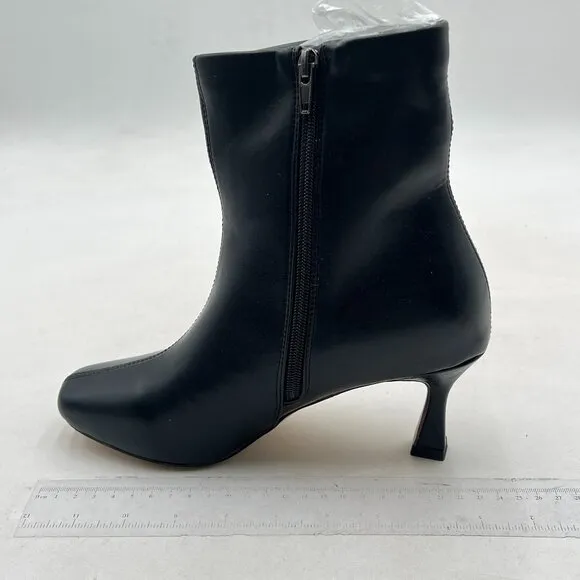 Black Women Square Toe Ankle Boot Mid Heel Slip On Western Chelsea Bootie Vegan
