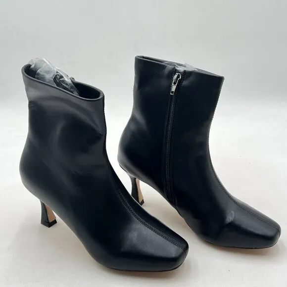 Black Women Square Toe Ankle Boot Mid Heel Slip On Western Chelsea Bootie Vegan