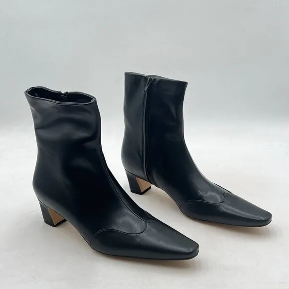 Black Women's Closed Square Toe Low Heel Ankle Booties Smooth Side Zippers Shoes