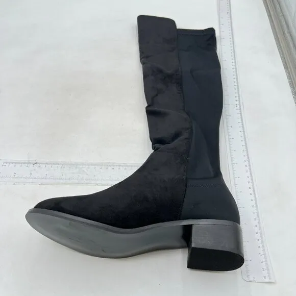 Black Women's Pull On Over The Knee Boot Round Toe Suede Knee High Low Heel Shoe
