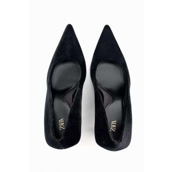 Black Zara Velvet Pointed Toe High Stiletto Heel Shoes (NWT)