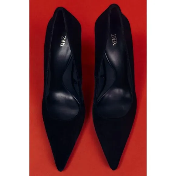 Black Zara Velvet Pointed Toe High Stiletto Heel Shoes (NWT)