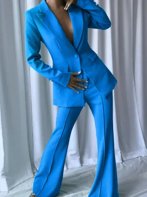 Blue 2 Piece Peak Lapel Single Breasted Slim Fit Women's Suit