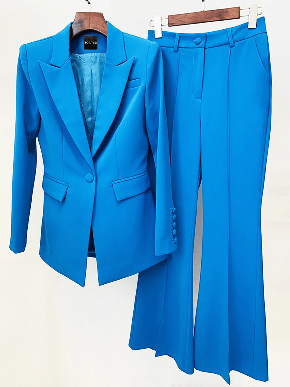Blue 2 Piece Peak Lapel Single Breasted Slim Fit Women's Suit