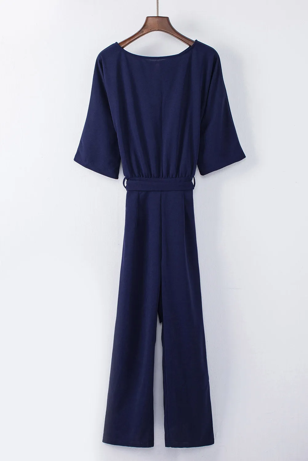 Blue Bracelet Sleeve Waist Tie Wide Leg Jumpsuit