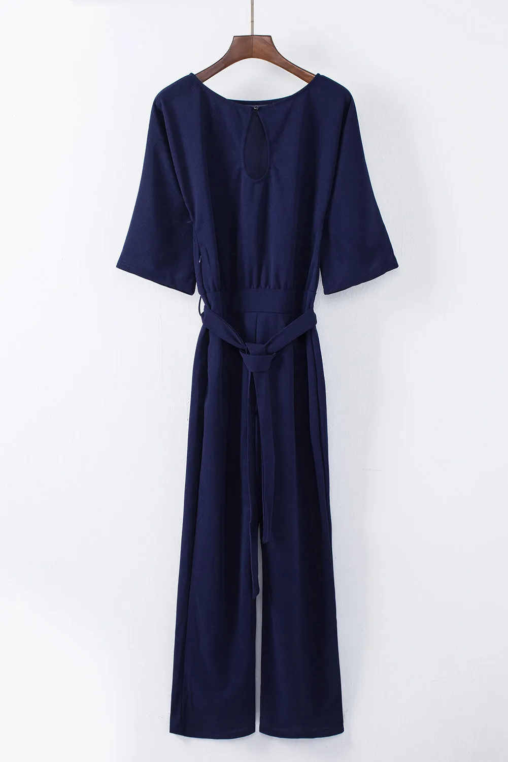 Blue Bracelet Sleeve Waist Tie Wide Leg Jumpsuit