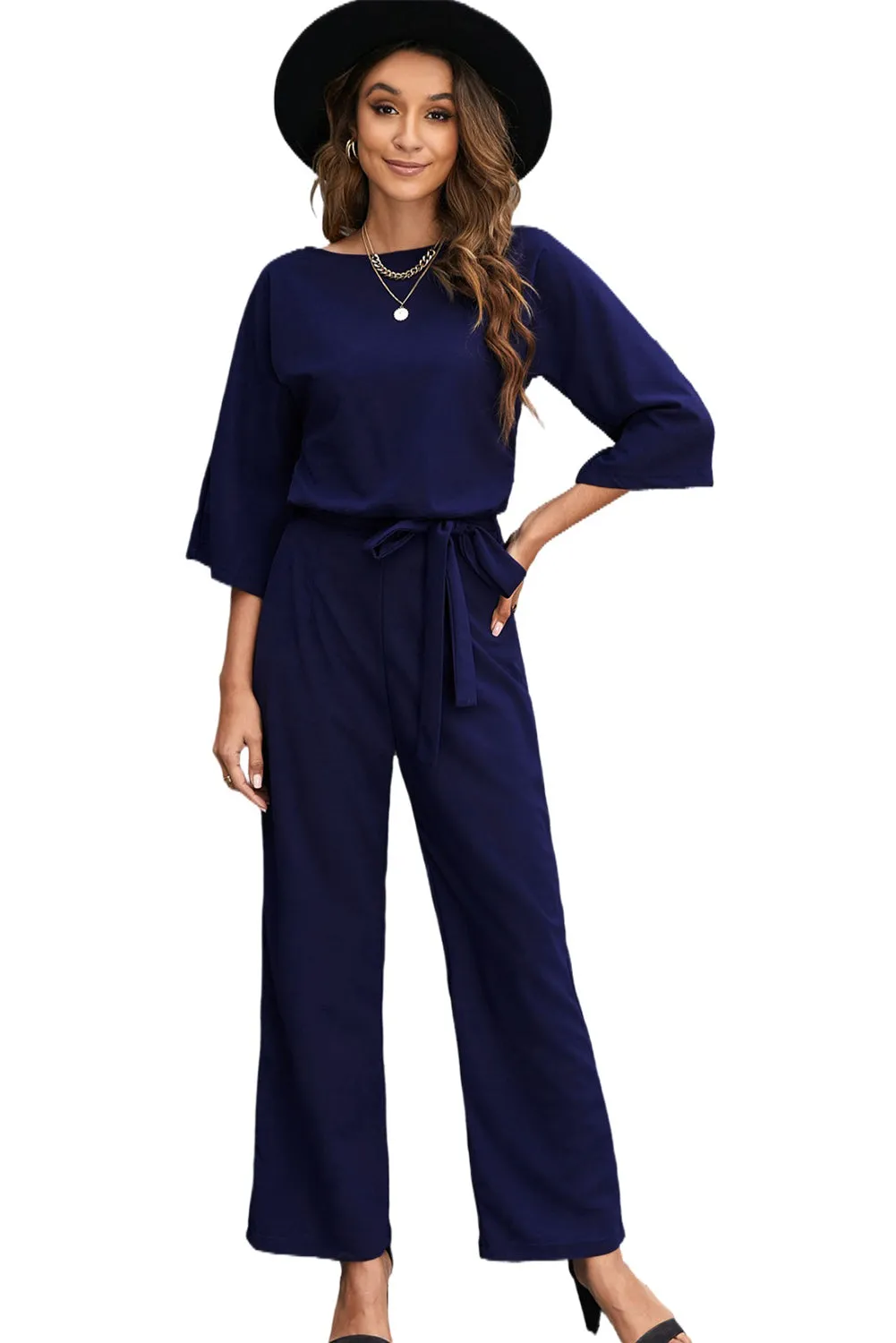 Blue Bracelet Sleeve Waist Tie Wide Leg Jumpsuit