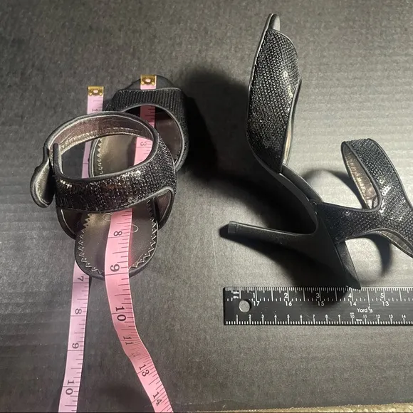 BNWT Premium Bp Black satin &amp; sequins open toe strappy heeled sandals 5.5M TTS