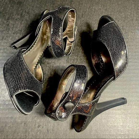 BNWT Premium Bp Black satin &amp; sequins open toe strappy heeled sandals 5.5M TTS