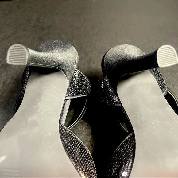 BNWT Premium Bp Black satin &amp; sequins open toe strappy heeled sandals 5.5M TTS