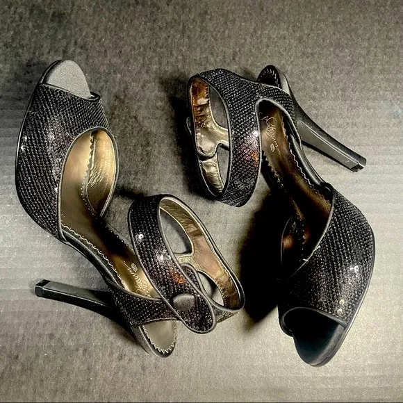 BNWT Premium Bp Black satin &amp; sequins open toe strappy heeled sandals 5.5M TTS