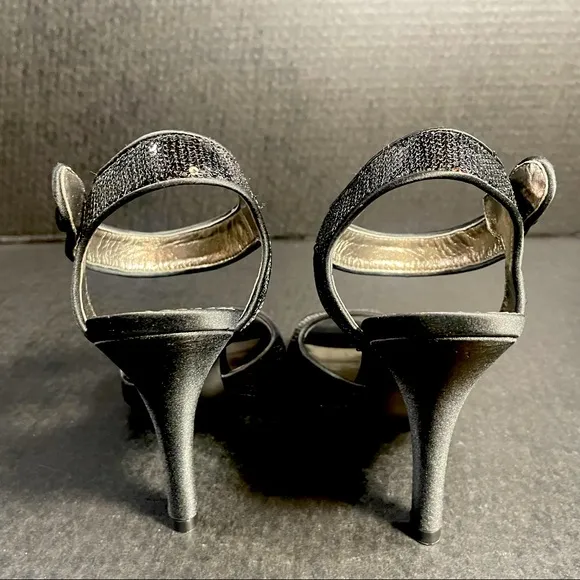 BNWT Premium Bp Black satin &amp; sequins open toe strappy heeled sandals 5.5M TTS