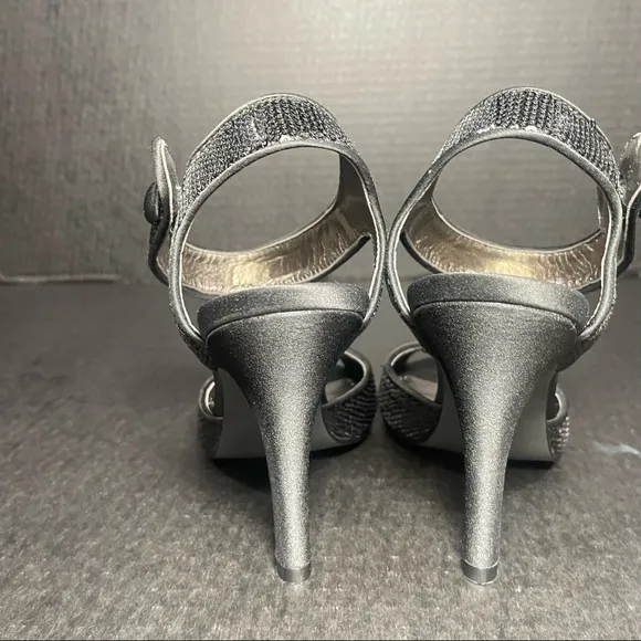 BNWT Premium Bp Black satin &amp; sequins open toe strappy heeled sandals 5.5M TTS