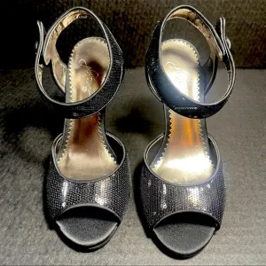 BNWT Premium Bp Black satin &amp; sequins open toe strappy heeled sandals 5.5M TTS