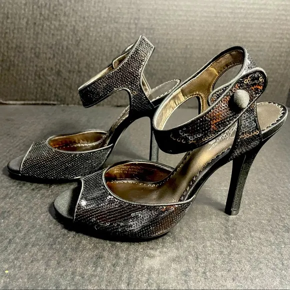 BNWT Premium Bp Black satin &amp; sequins open toe strappy heeled sandals 5.5M TTS