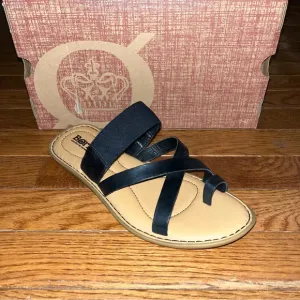 Born Chai Strappy Slide Sandals Black Leather Straps Tan Footbed Women’s Size 8