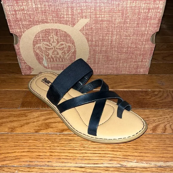 Born Chai Strappy Slide Sandals Black Leather Straps Tan Footbed Women’s Size 8