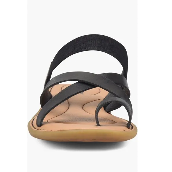 Born Chai Strappy Slide Sandals Black Leather Straps Tan Footbed Women’s Size 8