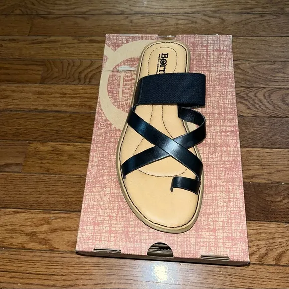 Born Chai Strappy Slide Sandals Black Leather Straps Tan Footbed Women’s Size 8