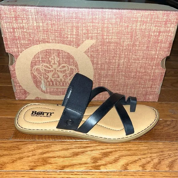 Born Chai Strappy Slide Sandals Black Leather Straps Tan Footbed Women’s Size 8
