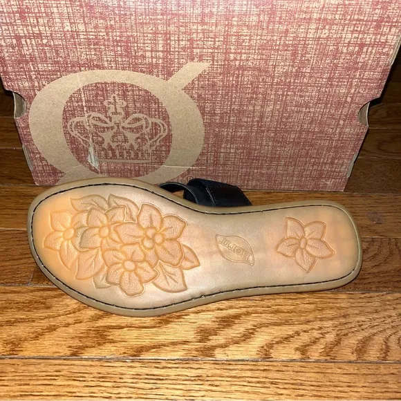 Born Chai Strappy Slide Sandals Black Leather Straps Tan Footbed Women’s Size 8