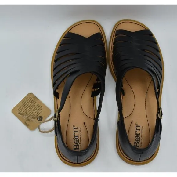 Born Womens Size 7 Ida Black Full Grain Leather Woven Open Toe Sandals Shoes