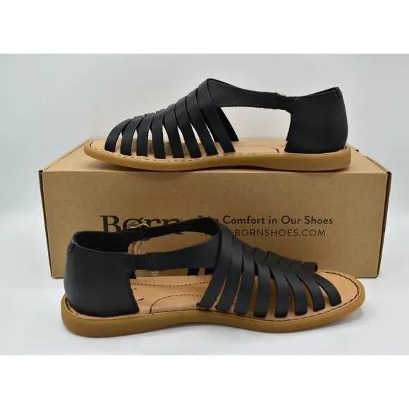 Born Womens Size 7 Ida Black Full Grain Leather Woven Open Toe Sandals Shoes