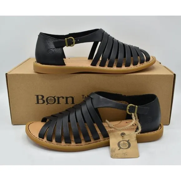 Born Womens Size 7 Ida Black Full Grain Leather Woven Open Toe Sandals Shoes