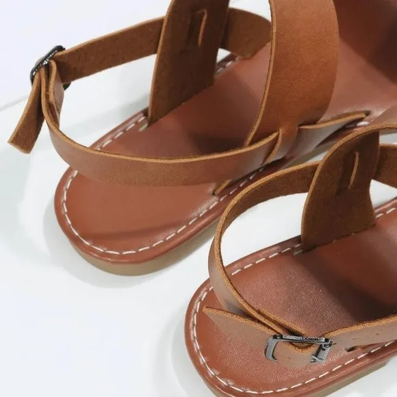 Brown Boho Women Twin Strap Artificial Leather Open Toe Ankle Strap Sandals