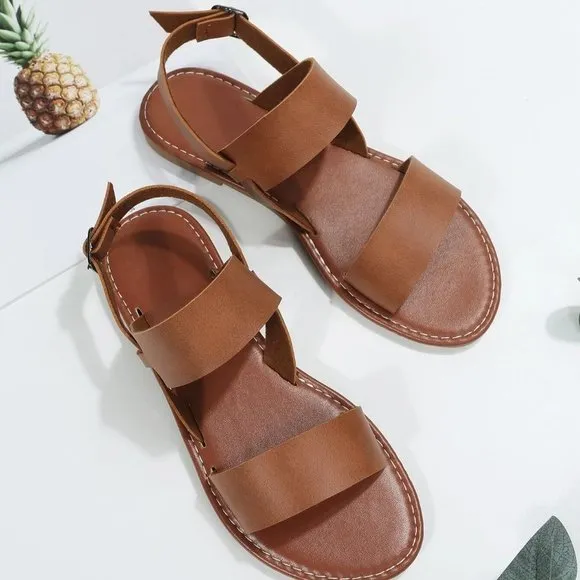 Brown Boho Women Twin Strap Artificial Leather Open Toe Ankle Strap Sandals