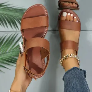 Brown Boho Women Twin Strap Artificial Leather Open Toe Ankle Strap Sandals
