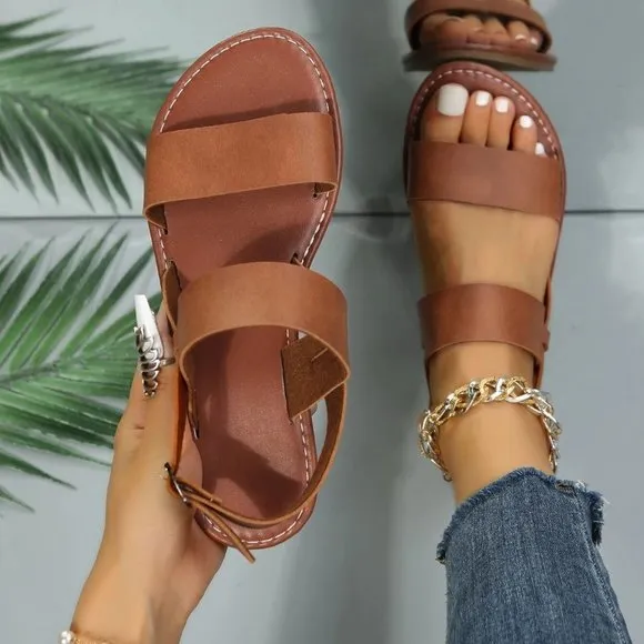 Brown Boho Women Twin Strap Artificial Leather Open Toe Ankle Strap Sandals