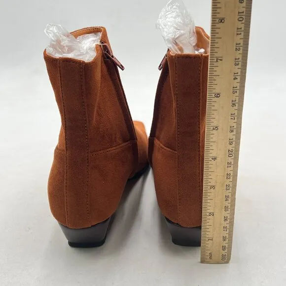 Brown Square Toe Low Chunky Heel Ankle Booties Chic Zip up Short Boot