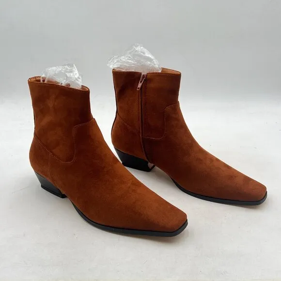 Brown Square Toe Low Chunky Heel Ankle Booties Chic Zip up Short Boot