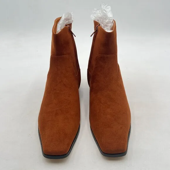 Brown Square Toe Low Chunky Heel Ankle Booties Chic Zip up Short Boot