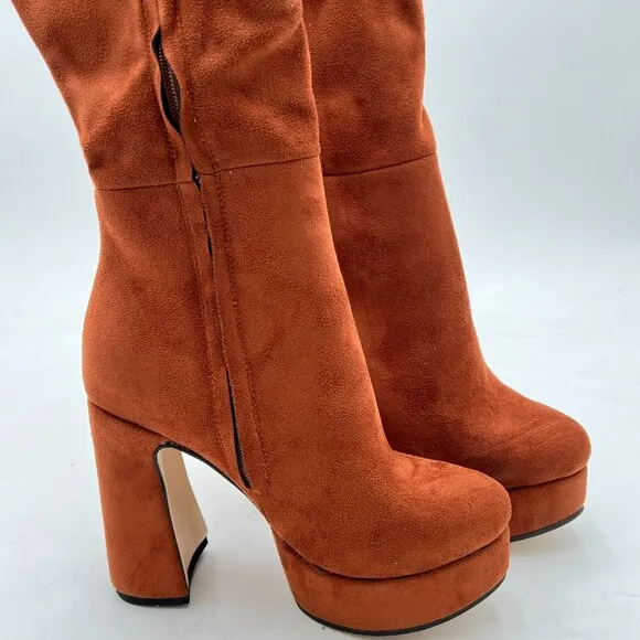 Brown Women Platform Pointed Toe Side Zip Chunky High Heel Over Knee Boots