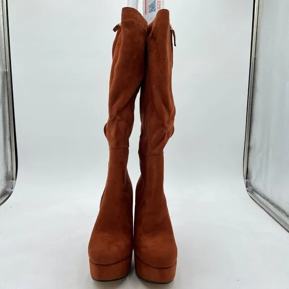 Brown Women Platform Pointed Toe Side Zip Chunky High Heel Over Knee Boots