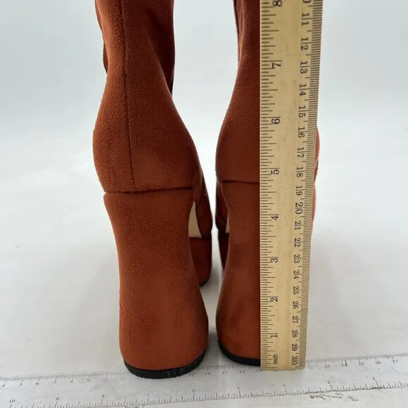Brown Women Platform Pointed Toe Side Zip Chunky High Heel Over Knee Boots