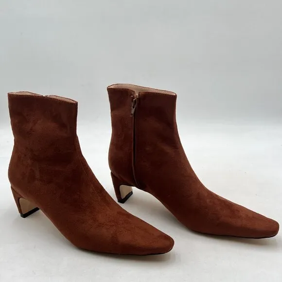 Brown Women's Square Toe Low Chunky Heel Ankle Booties Zip Up Short Boot