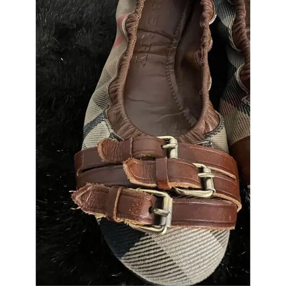 Burberry Brown Leather Canvas Nova Check Three Buckle Ballet Flats Shoes 9.5