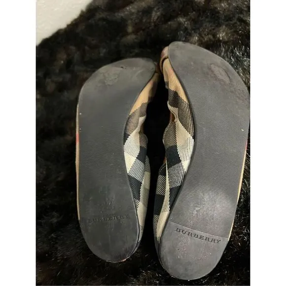 Burberry Brown Leather Canvas Nova Check Three Buckle Ballet Flats Shoes 9.5